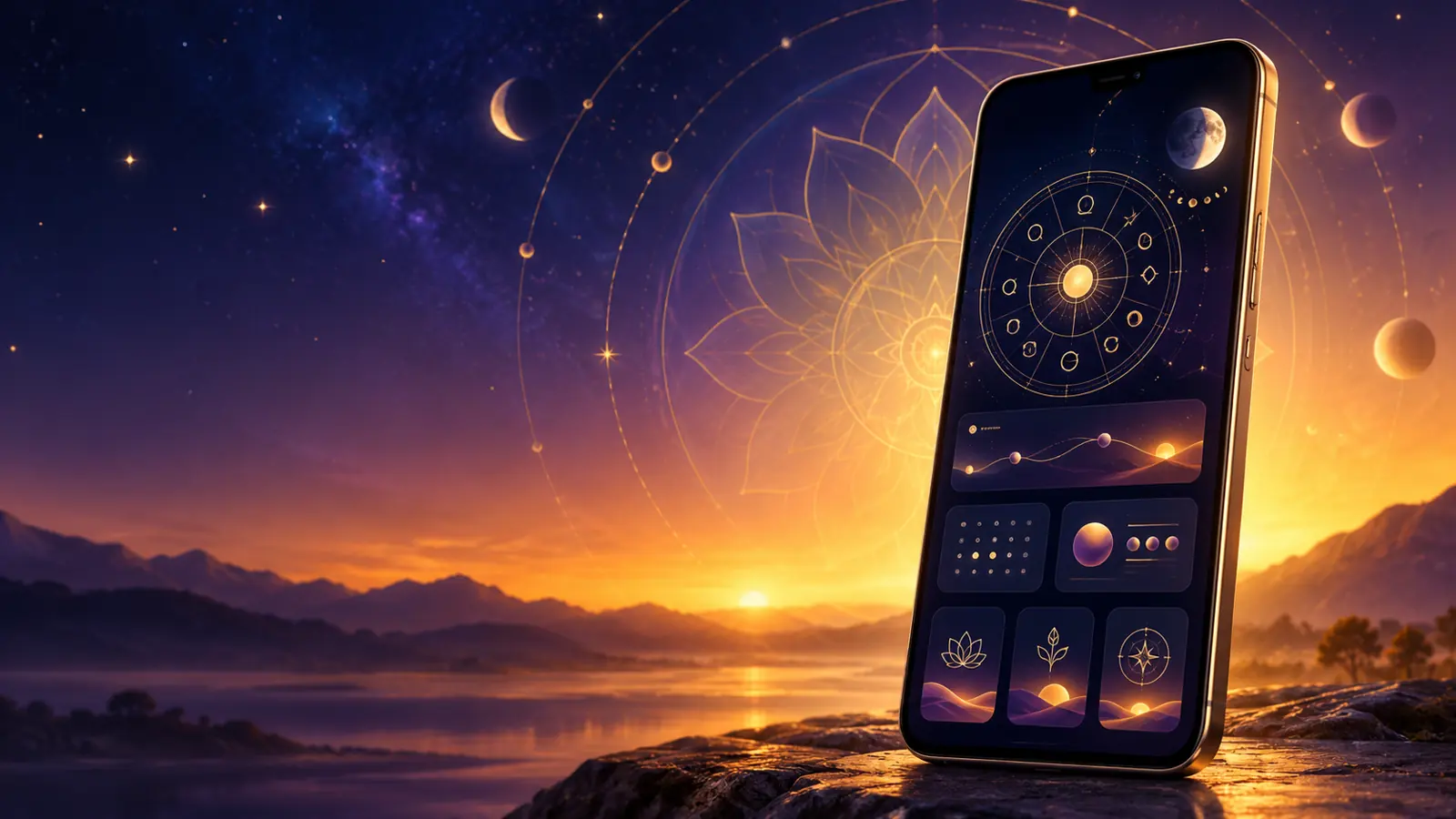 Vedika mobile app interface with Vedic astrology chart and guidance cards