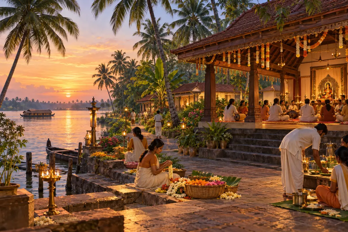 Editorial illustration of a contemplative garden; not a photograph of Amritapuri Ashram.