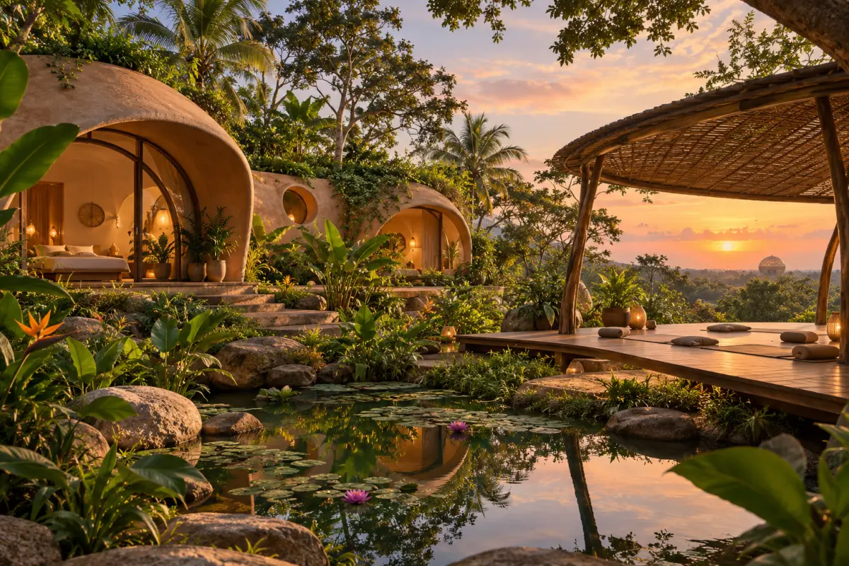 Editorial illustration of an accessible holistic retreat garden; not a photograph of Arka Wellness Center.