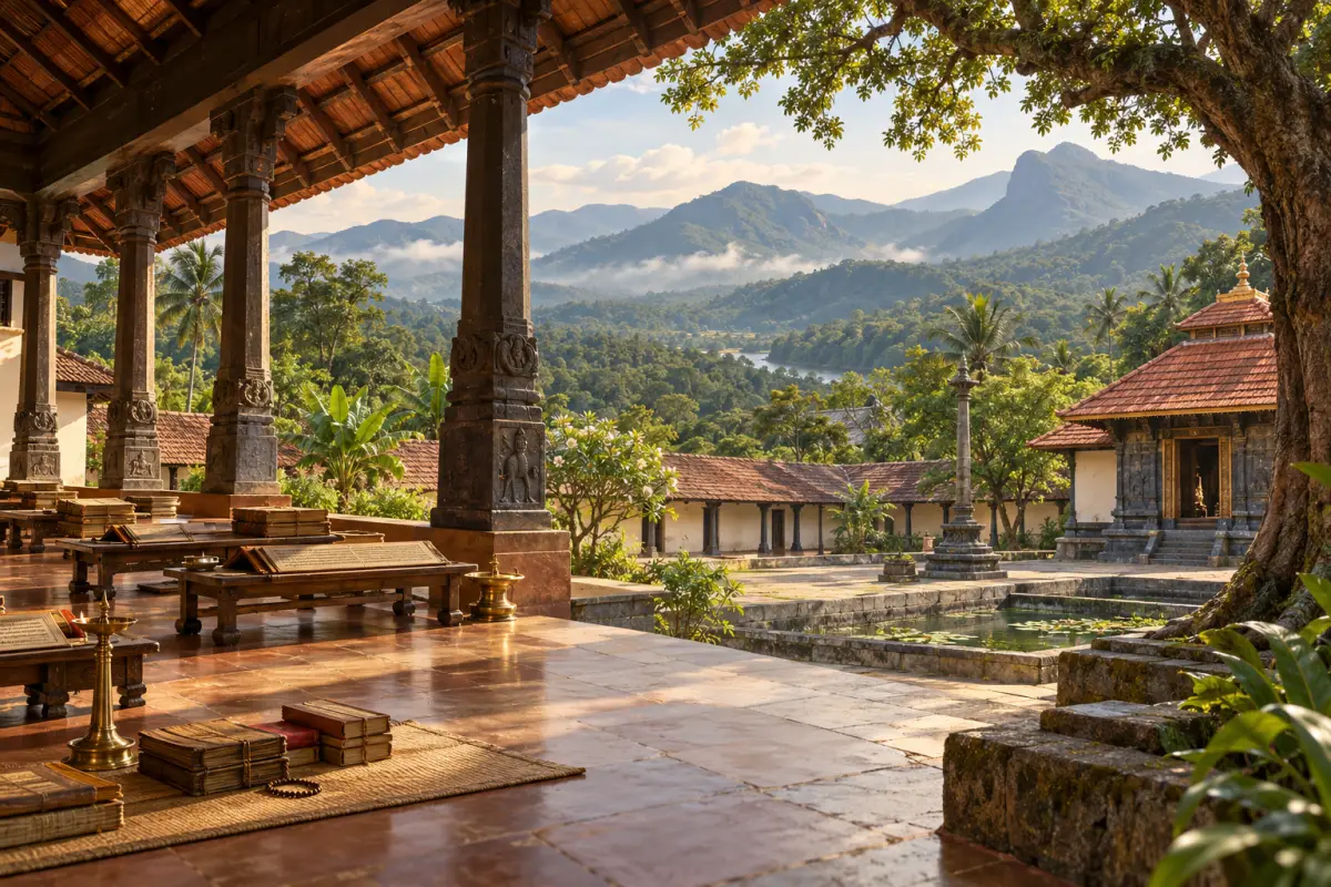 Editorial illustration of a traditional study pavilion; not a photograph of Arsha Vidya Gurukulam.