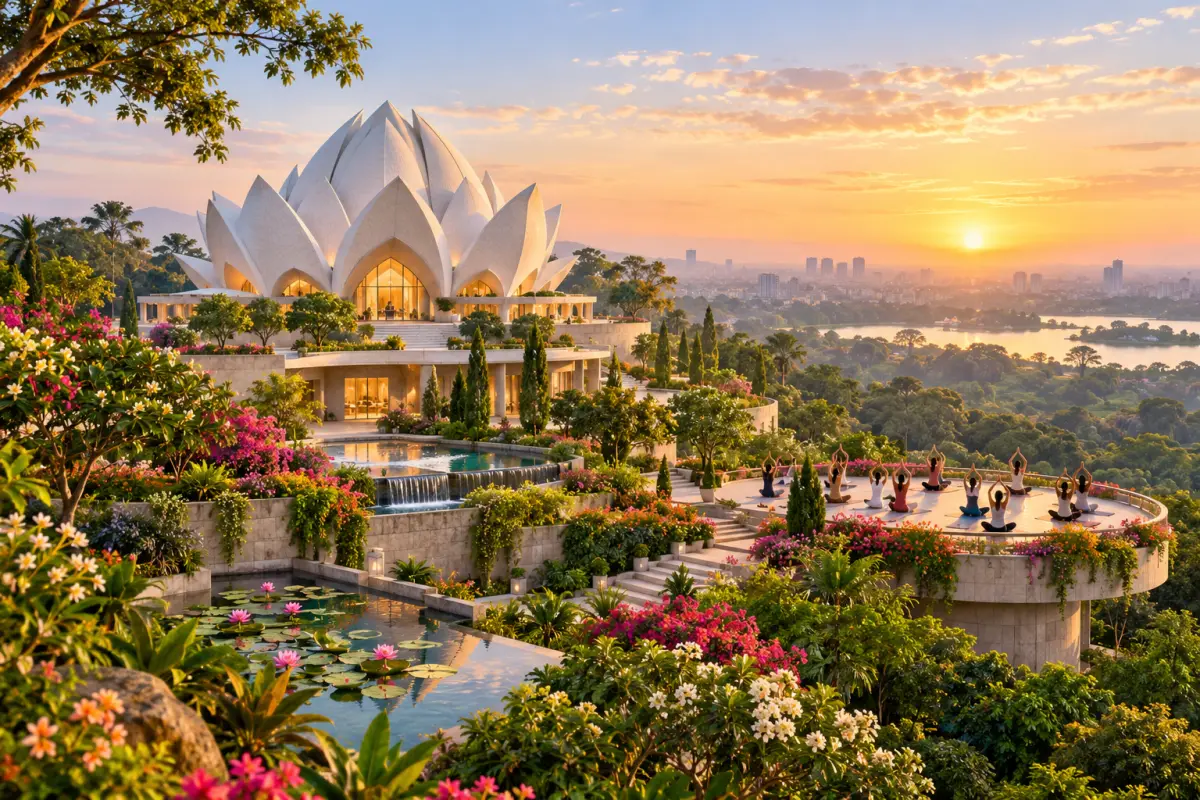 Editorial illustration of a serene yoga ashram setting; not a photograph of Art of Living International Center.