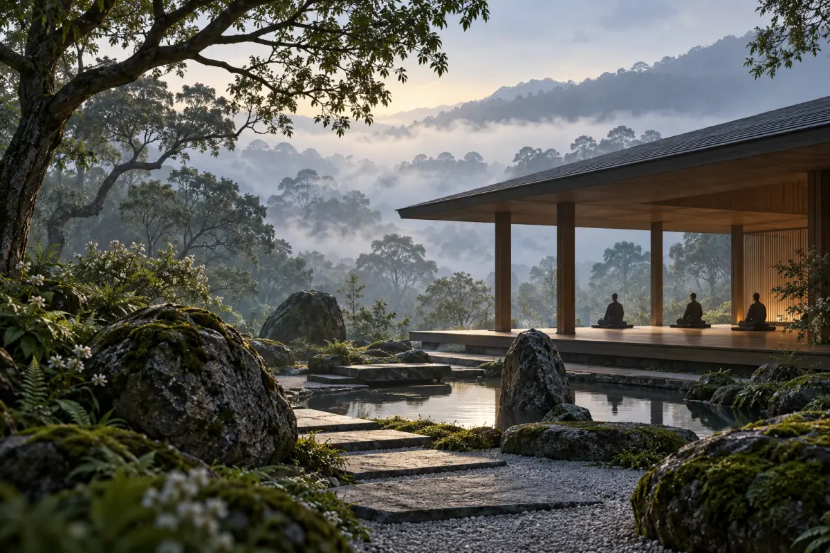 Editorial illustration of a quiet meditation hall; not a photograph of Bodhi Zendo.