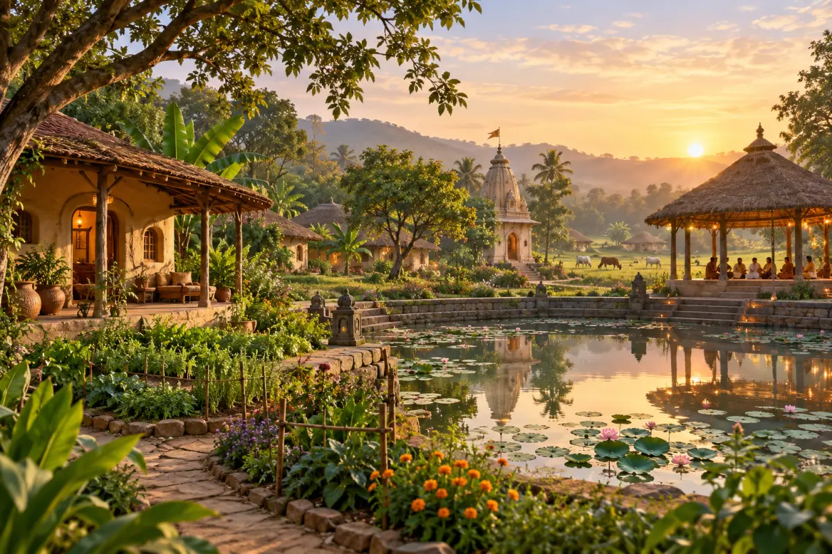 Editorial illustration of a sustainable retreat garden; not a photograph of Govardhan Ecovillage.