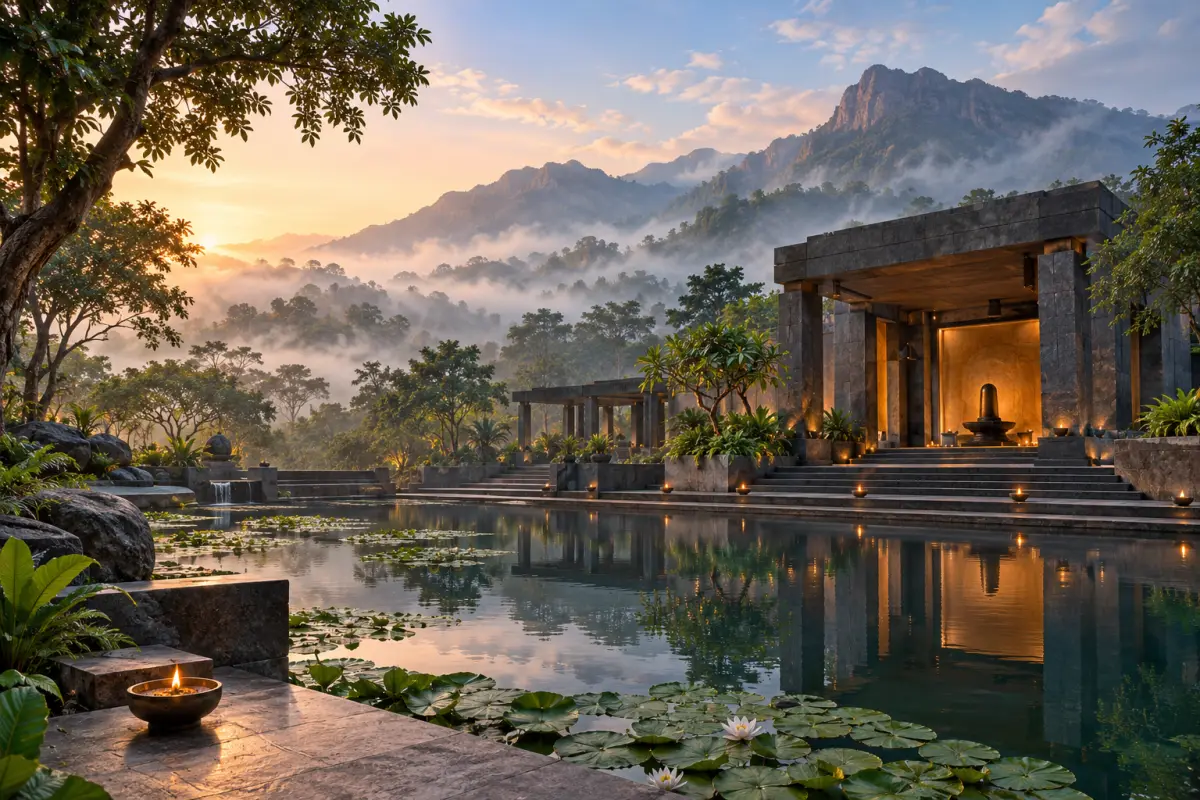 Editorial illustration of a serene yoga ashram setting; not a photograph of Isha Yoga Center.