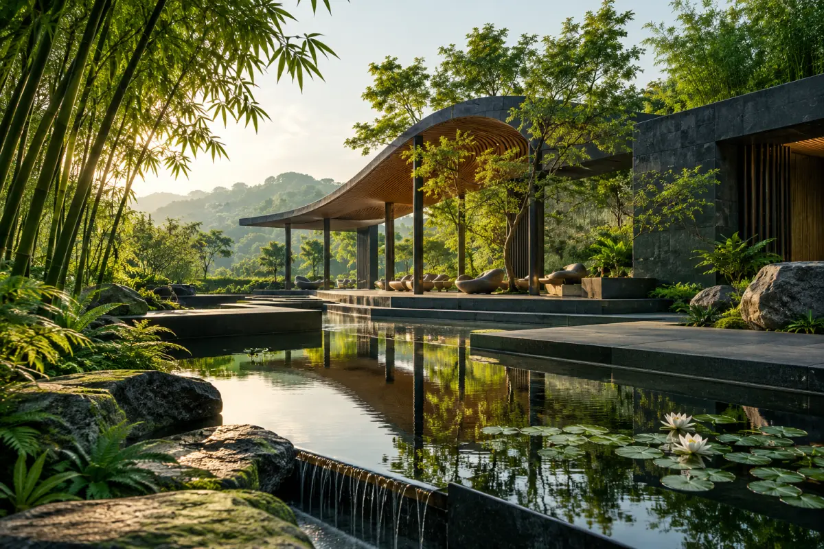 Editorial illustration of a quiet meditation hall; not a photograph of Osho International Meditation Resort.