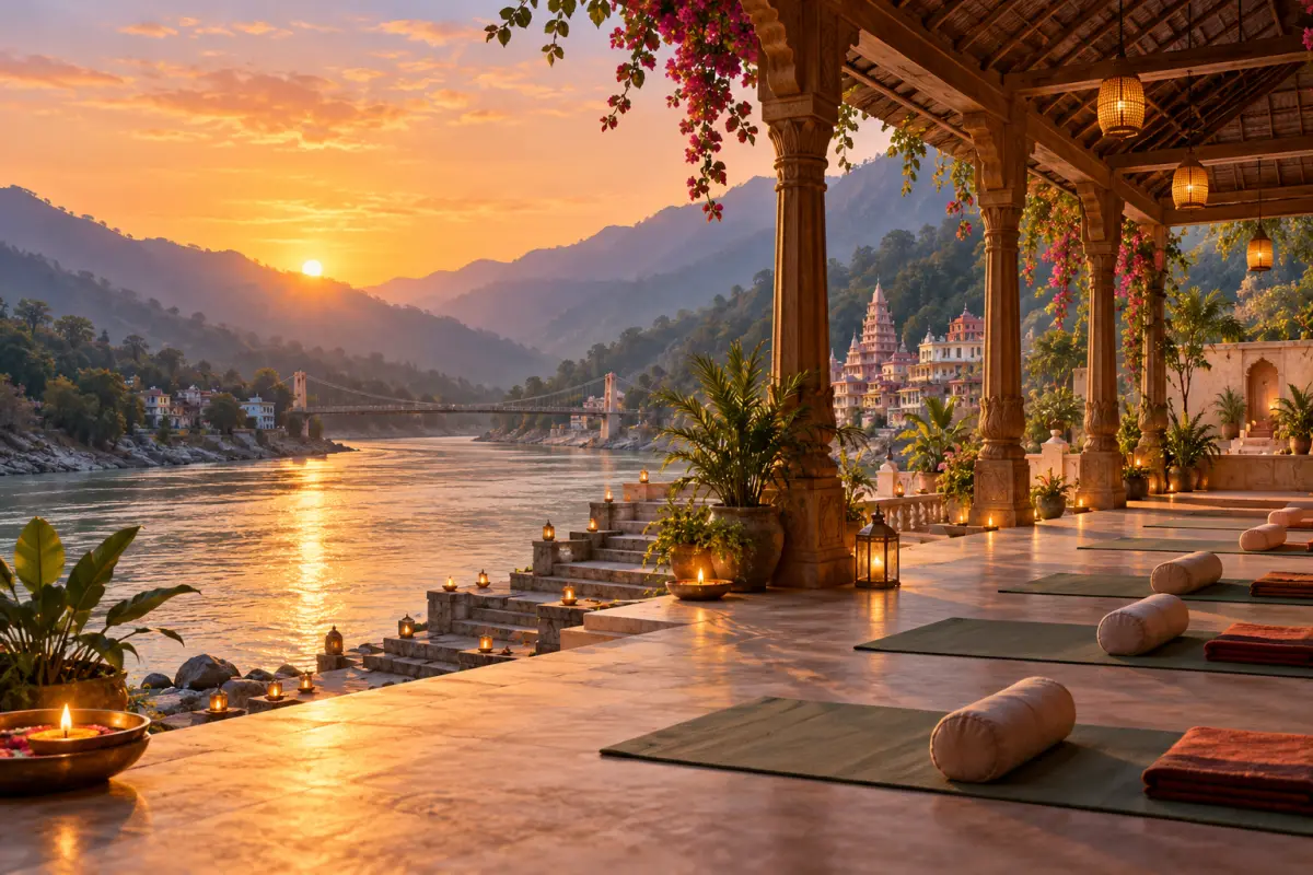 Editorial illustration of a serene yoga ashram setting; not a photograph of Parmarth Niketan Ashram.