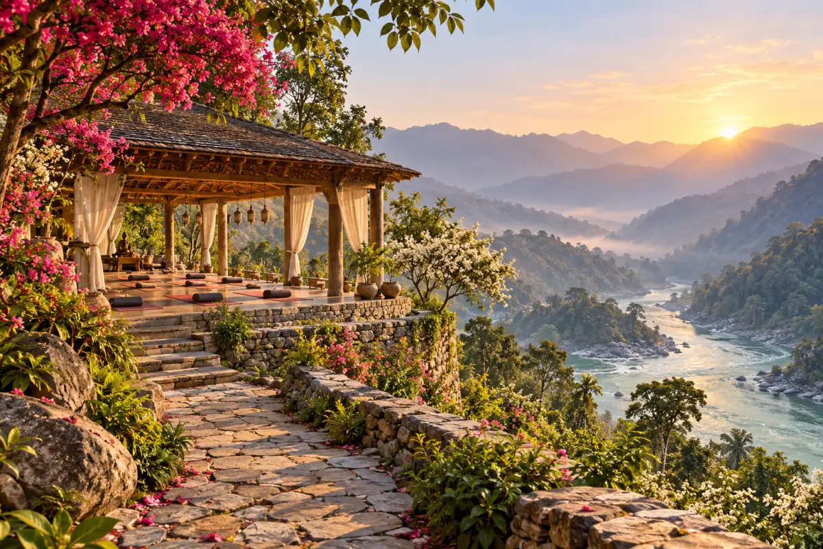 Editorial illustration of a serene yoga ashram setting; not a photograph of Phool Chatti Ashram.