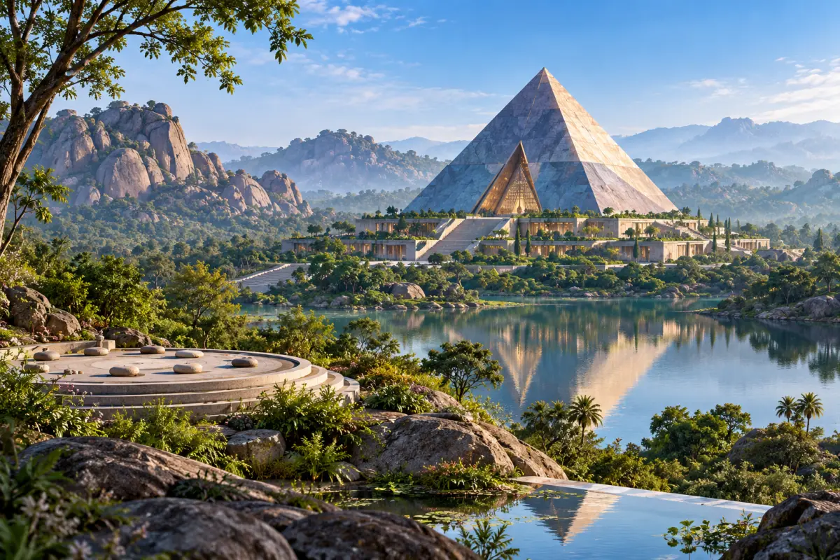Editorial illustration of a quiet meditation hall; not a photograph of Pyramid Valley International.