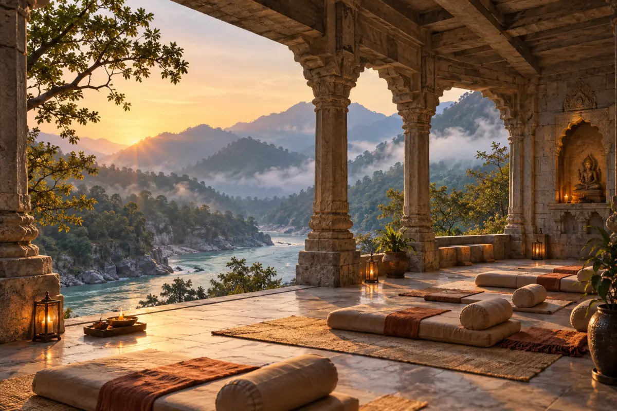 Editorial illustration of a quiet meditation hall; not a photograph of Sadhana Mandir Ashram.