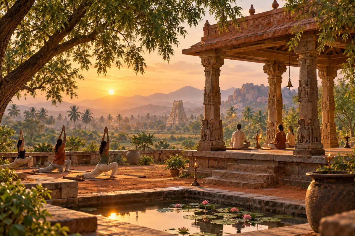 Editorial illustration of a serene yoga ashram setting; not a photograph of Sivananda Meenakshi Ashram.