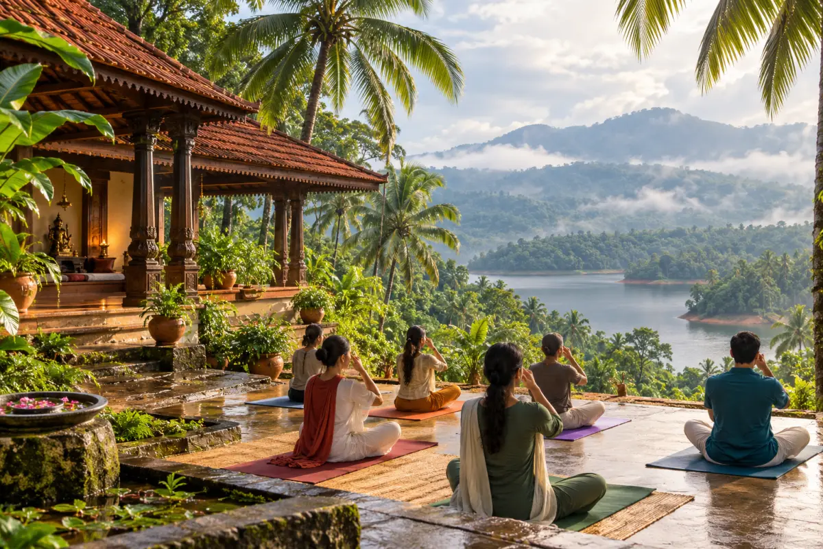 Editorial illustration of a serene yoga ashram setting; not a photograph of Sivananda Neyyar Dam Ashram.