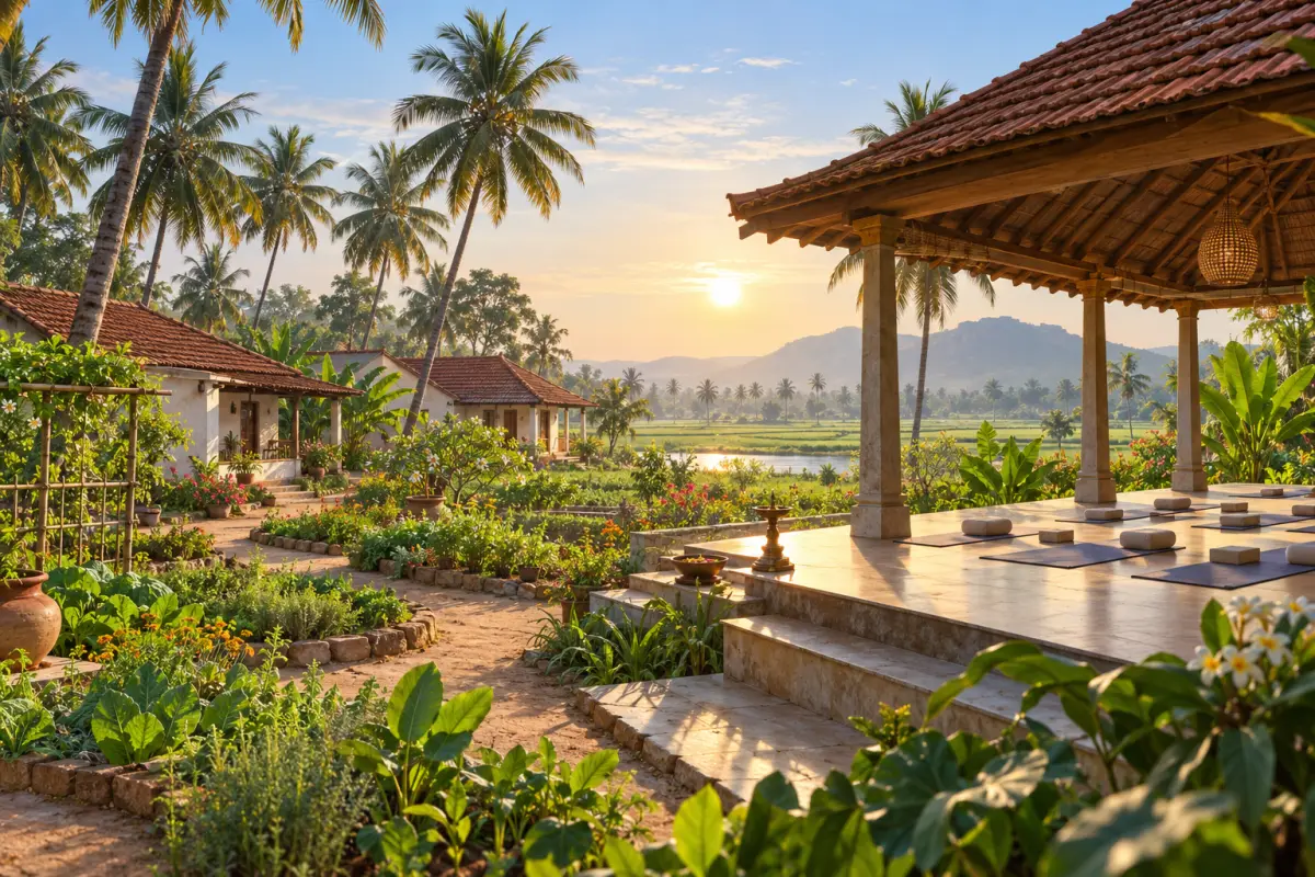 Editorial illustration of a serene yoga ashram setting; not a photograph of Sivananda Tapaswini Ashram.