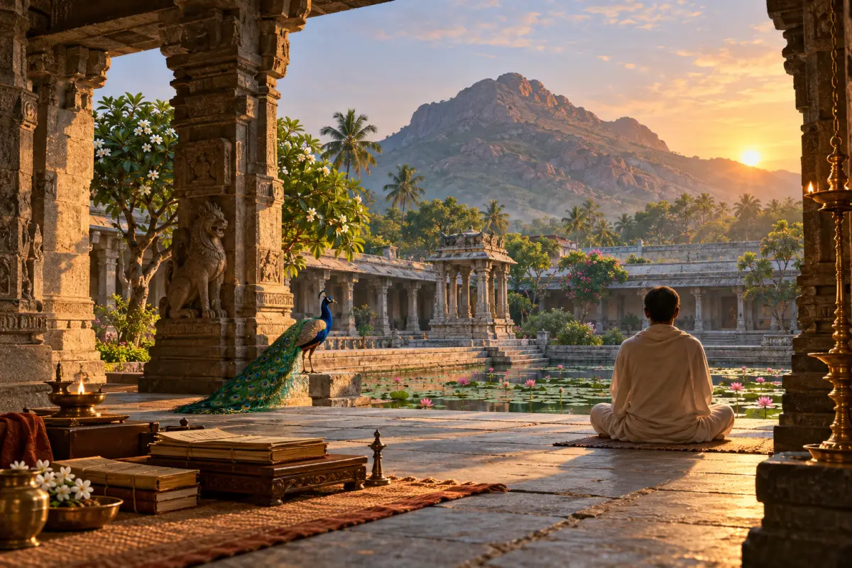Editorial illustration of a contemplative garden; not a photograph of Sri Ramanasramam.