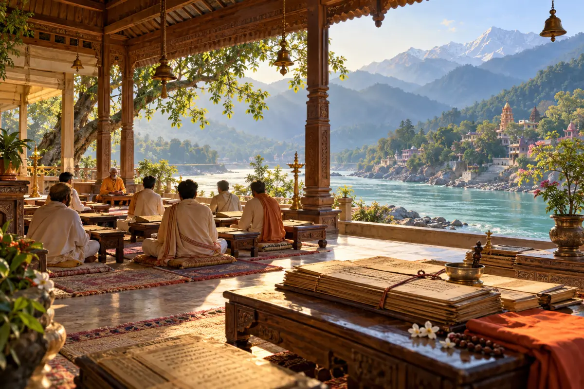 Editorial illustration of a traditional study pavilion; not a photograph of Swami Dayananda Ashram.