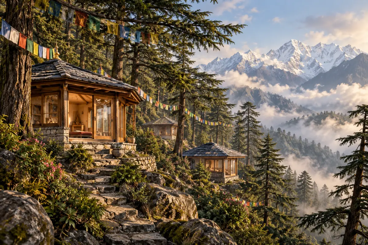 Editorial illustration of a quiet meditation hall; not a photograph of Tushita Meditation Centre.