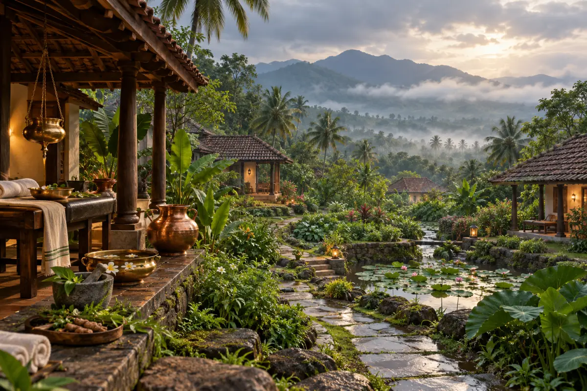 Editorial illustration of an Ayurveda wellness courtyard; not a photograph of Vaidyagrama.