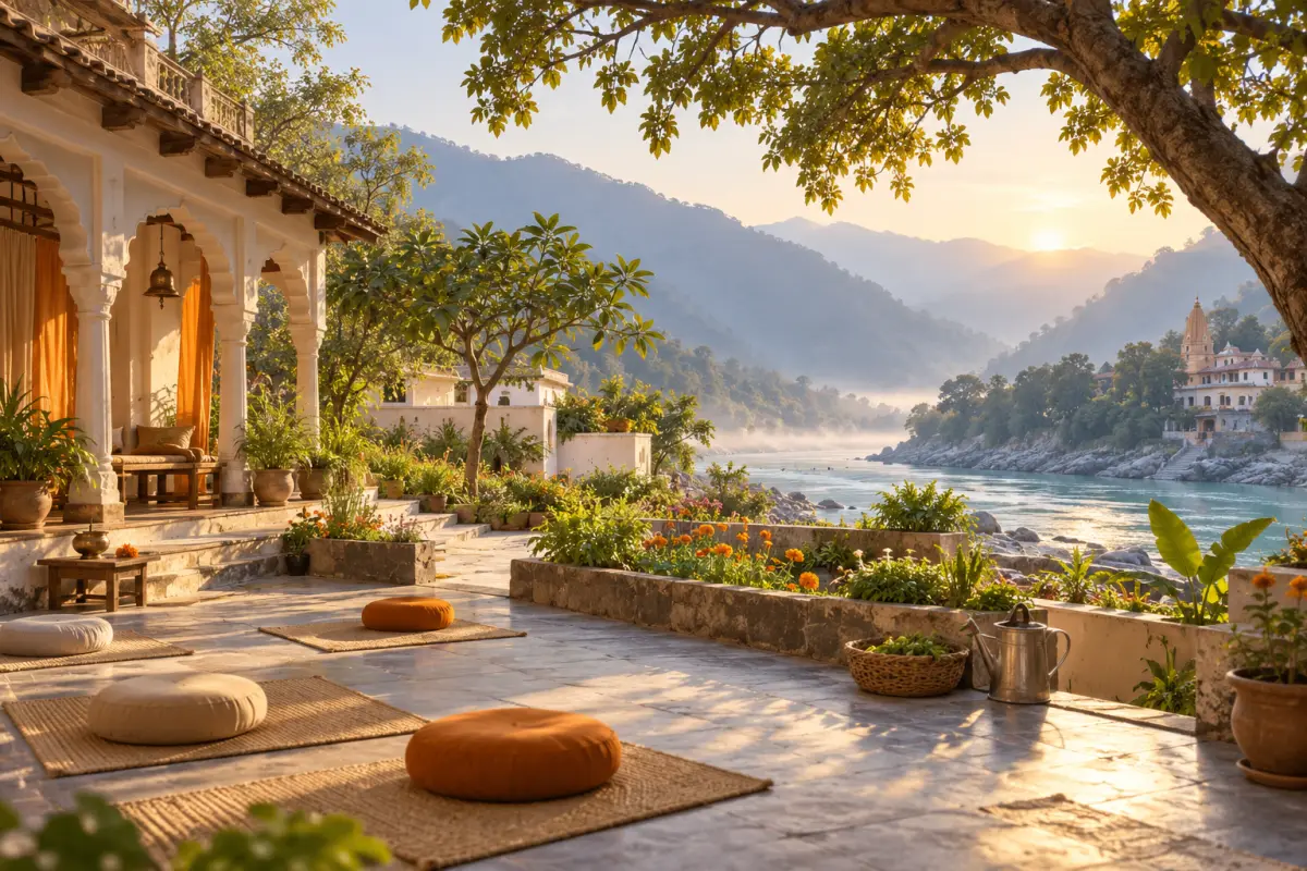 Editorial illustration of a serene yoga ashram setting; not a photograph of Ved Niketan Dham.