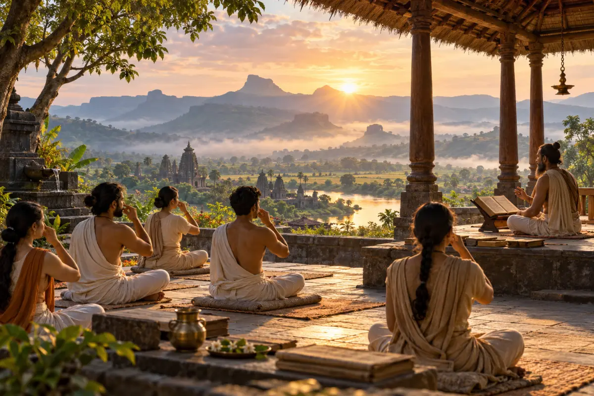 Editorial illustration of a serene yoga ashram setting; not a photograph of Yoga Vidya Gurukul.