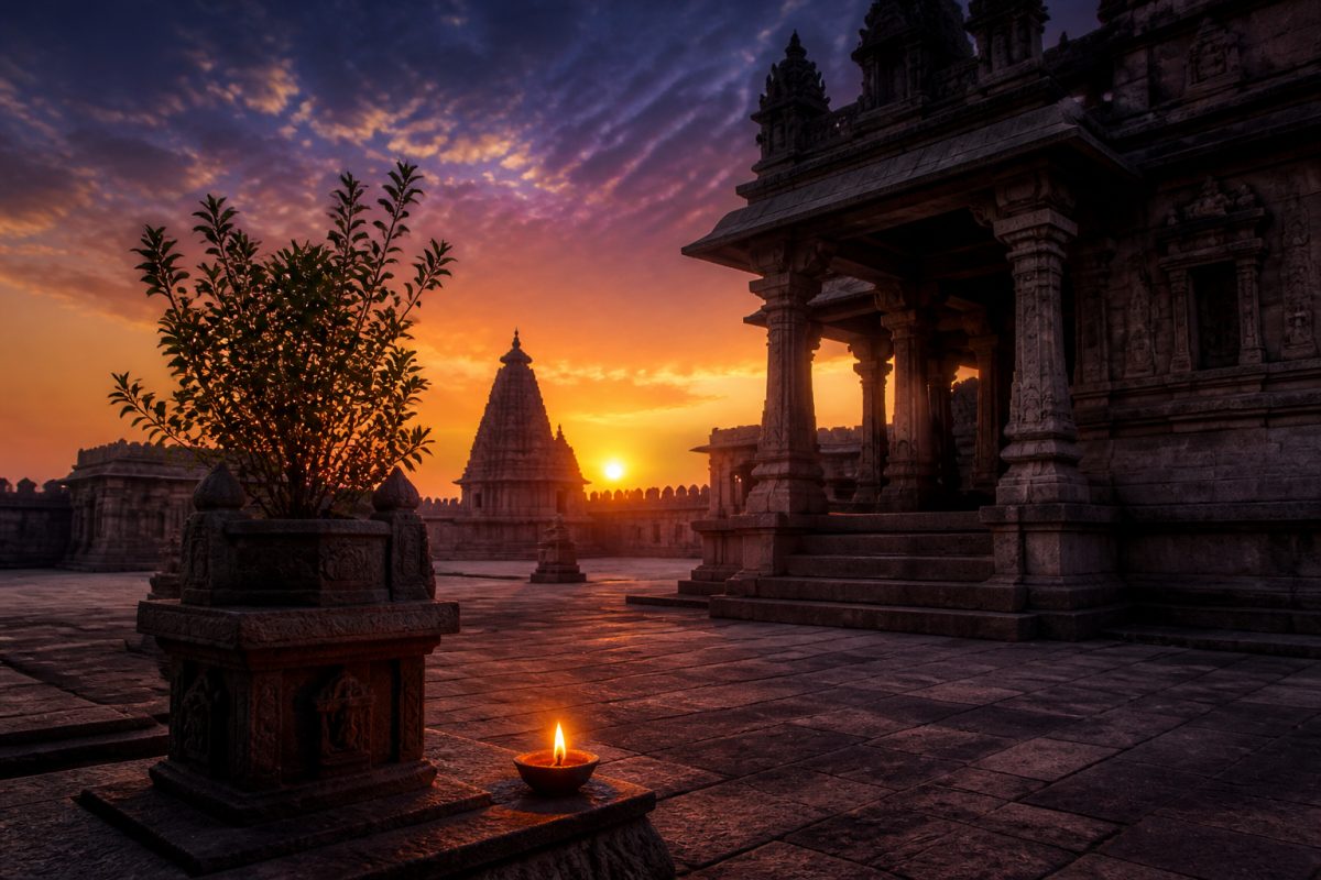 Calm dawn light over a quiet temple courtyard suggesting Ekadashi vrata and devotion