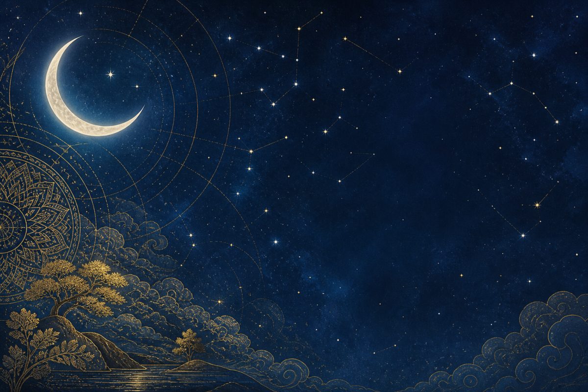 Starry indigo night sky with a soft lunar glow illustrating the 27 Hindu nakshatras