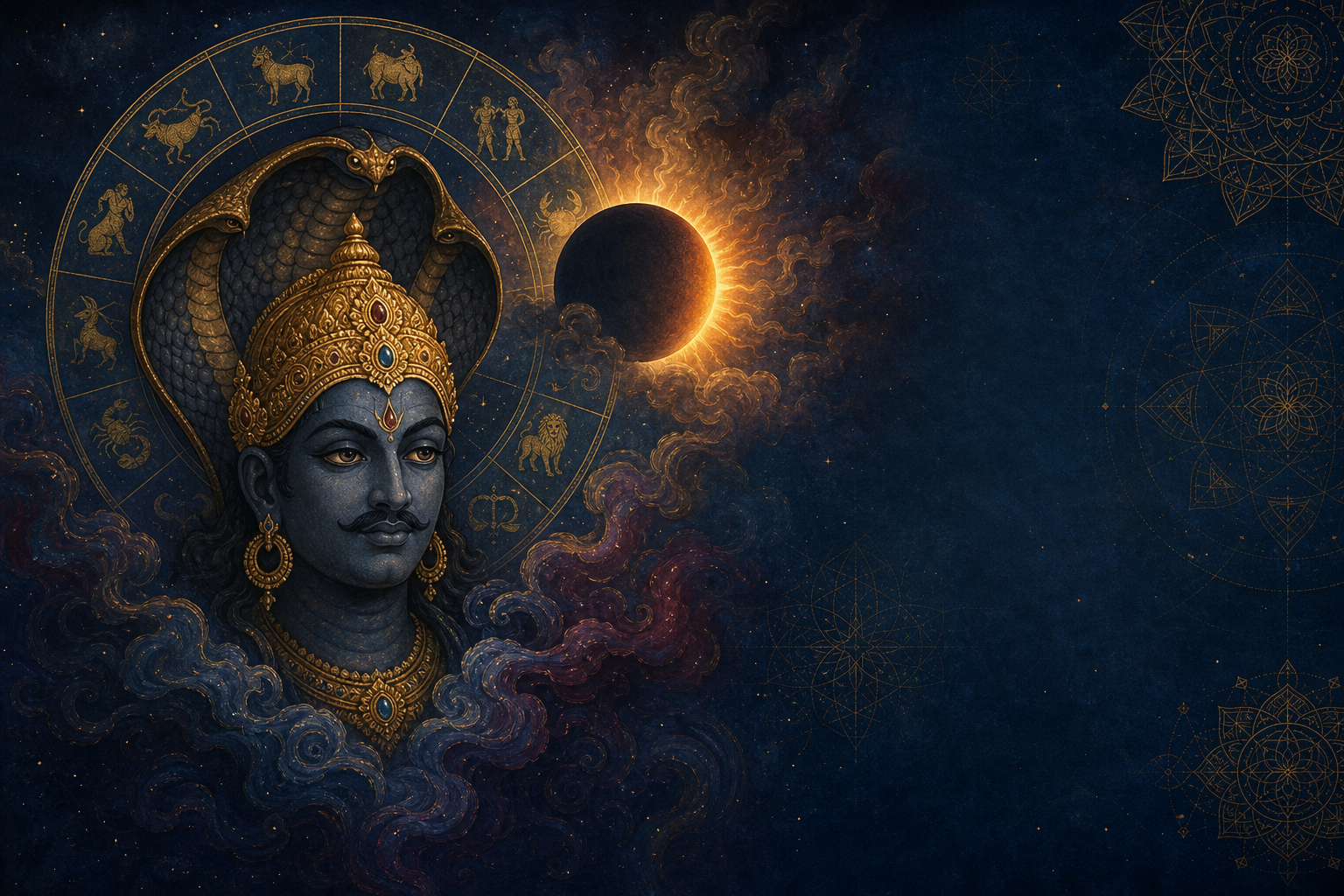 Rahu, the shadow planet of Vedic astrology, depicted as a serpent-hooded figure beside an eclipsed sun and zodiac wheel