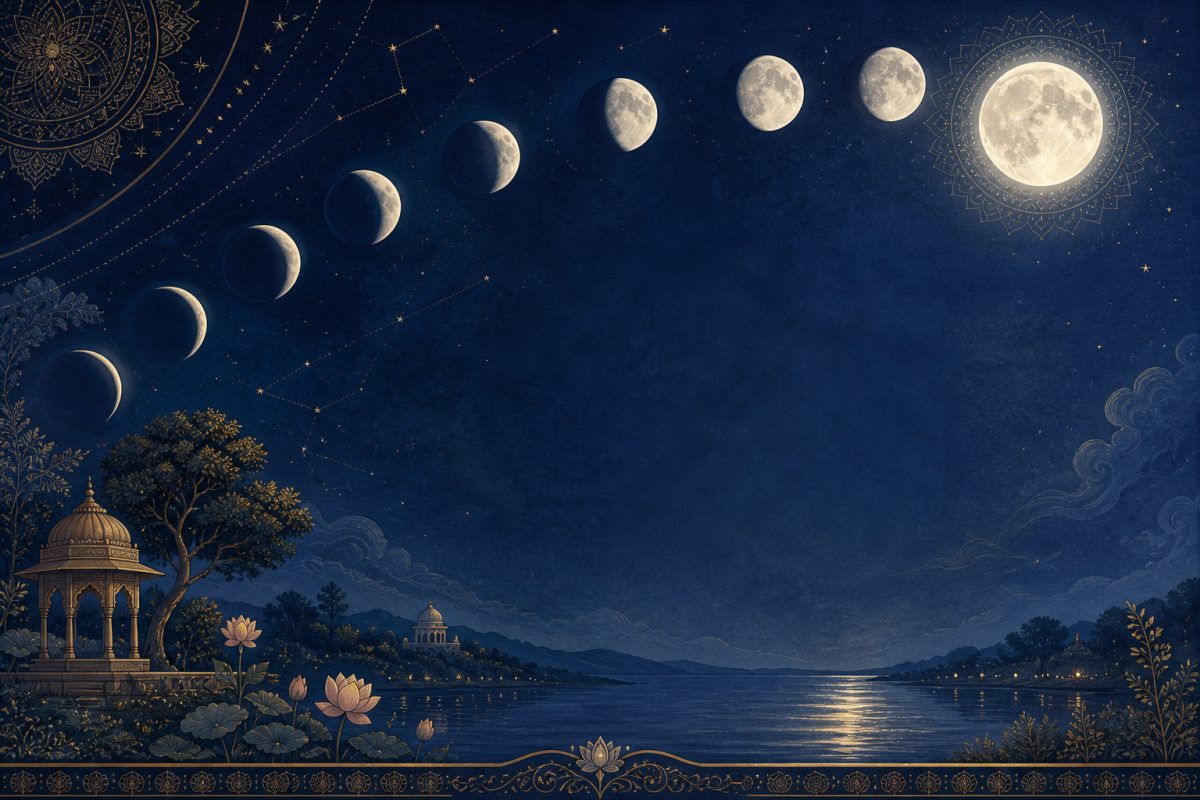 Crescent and full moon phases illustrating Hindu lunar tithi against a calm indigo night sky