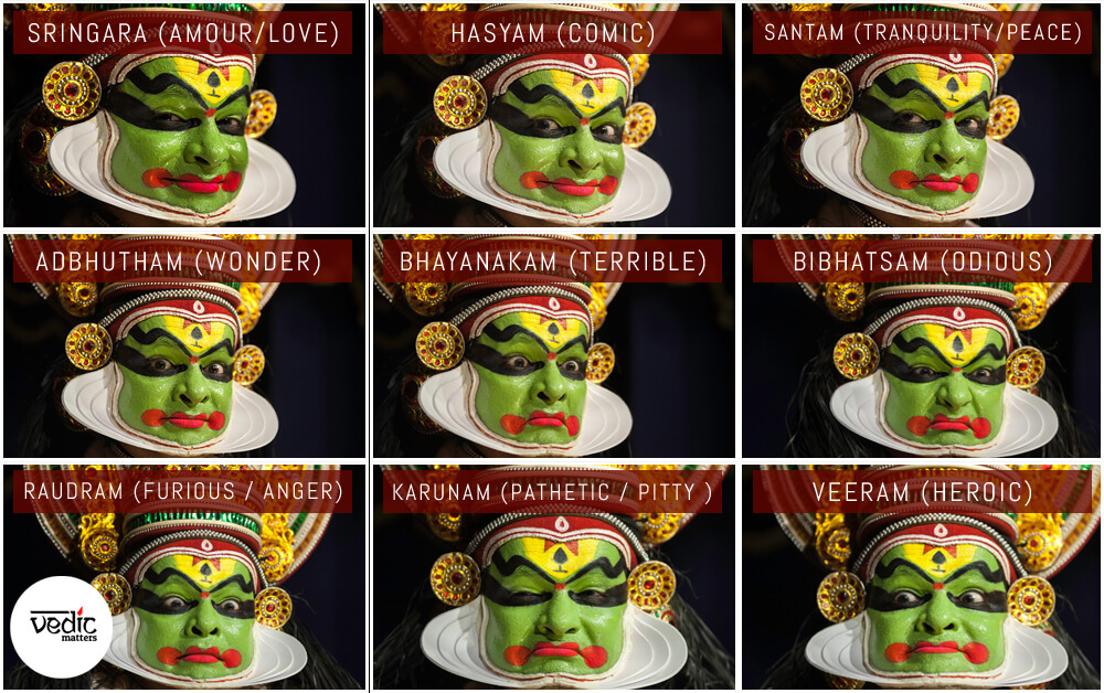 Navarasam - 9 expressions in kathakai, Sringaram, Hasyam, Bhayam, Karunam, Rowdram, Veeram, Beebatsam, Adbhutham and Shantham